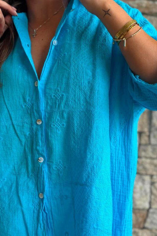 Pia Pillow Cotton Embroidered Tile Classic Shirt Azure